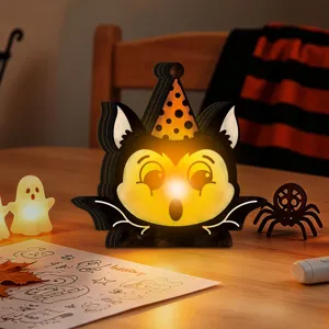 Halloween wooden glowing decoration vintage bat cat LED night light festival home table decor