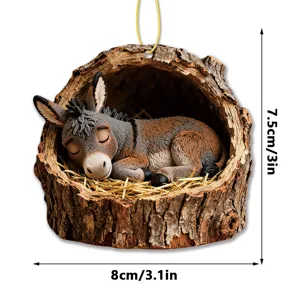 Cute sleeping donkey in tree trunk acrylic hanging ornament for Christmas tree decor 8cm