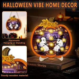 Halloween luminous wooden hanging tabletop sign decoration with glowing lights and cute ghosts