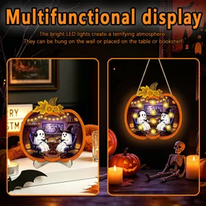 Halloween LED lighted wooden hanging sign and desktop pumpkin ghost ornament for decor.