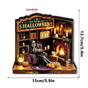Halloween wooden luminous desktop decoration miniature book nook with skeleton and fireplace design.