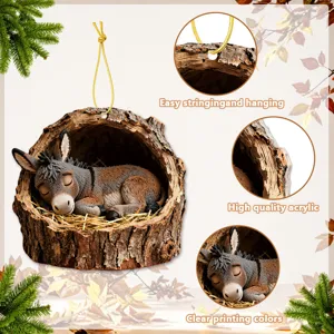 Acrylic donkey tree stump hanging ornament, autumn theme decor with clear printing and gold string.
