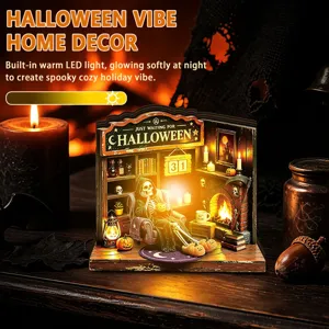 Halloween LED wooden book nook decor, spooky miniature diorama with warm lights for party.