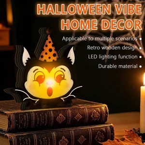 Halloween wooden LED night light retro vampire cat desktop decor for holiday party.