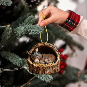 Cute sleeping donkey tree trunk Christmas ornament resin hanging pendant holiday decor