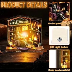 Halloween LED wooden miniature tabletop decor with grim reaper scene, spooky party ornament.