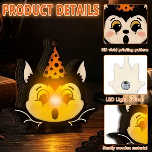 Halloween wooden light-up decoration retro bat cat LED night light tabletop decor items