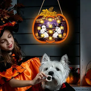 Halloween pumpkin wooden hanging sign with LED lights, ghost gaming wall decor for holiday party.