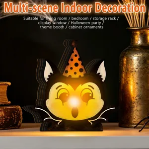 Detailed view of Halloween wooden glowing bat ornament in warm indoor setting, perfect for party.