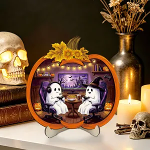 Halloween decorative wooden pumpkin ornament with cute ghost gaming scene, tabletop light-up decor