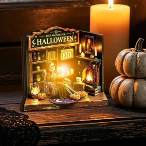 Halloween glowing wooden book nook desktop decoration with skeleton and fireplace design.