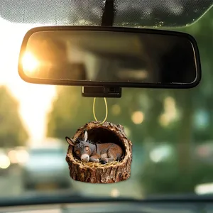 Car rearview mirror hanging ornament, cute sleeping donkey in tree hole acrylic pendant detail view
