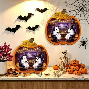 Halloween glowing wooden pumpkin hanging sign and tabletop decoration with ghost.