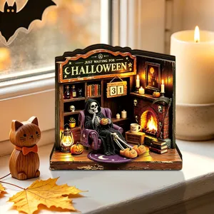 Detailed view of Halloween glowing wooden desktop decoration with miniature skeleton.