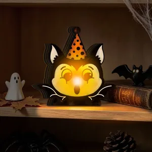 Halloween wooden light up tabletop decor vintage cartoon cat ornament for home holiday display