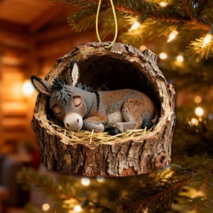 Cute sleeping donkey tree trunk Christmas ornament acrylic hanging pendant for holiday decor