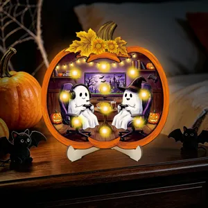 Halloween glowing wooden pumpkin ornament with LED lights, spooky ghost gaming decor detail.