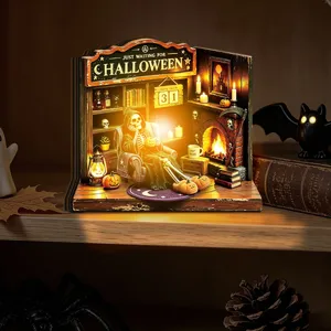 Halloween light-up wooden book nook diorama miniature shelf insert decor with cozy warm glow.