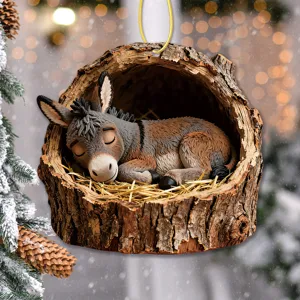 Cute sleeping donkey in tree hole acrylic Christmas hanging ornament festive tree decor