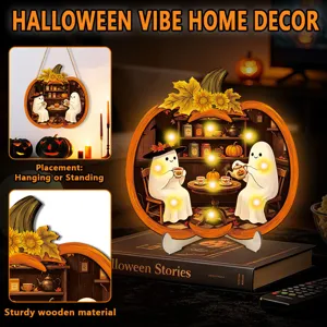 Halloween LED light-up wooden pumpkin sign ghost home decor hanging table ornament.