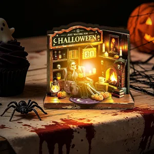 Halloween LED lighted wooden book nook miniature room insert desktop decoration display