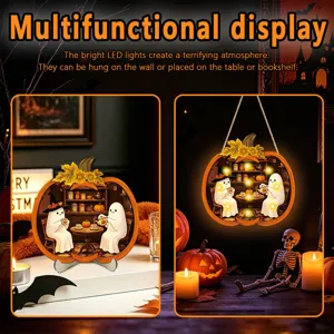 Halloween Light-up Wooden Pumpkin Hanging Sign Desktop Ghost Decoration LED Decor