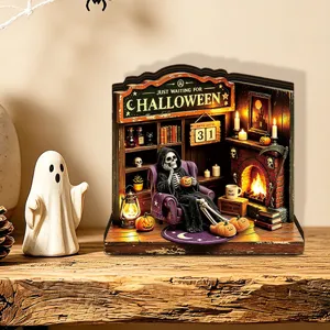 Detailed view of Halloween glowing wooden diorama ornament with skeleton and miniature furniture.