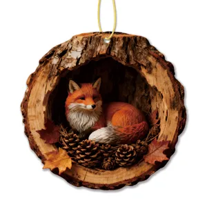 Acrylic autumn fox hanging ornament, tree hollow design with pinecones and leaves for decor.