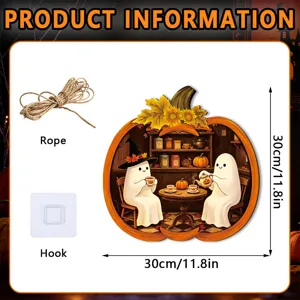 Halloween wooden pumpkin ghost hanging sign decoration with rope and hook detail view.