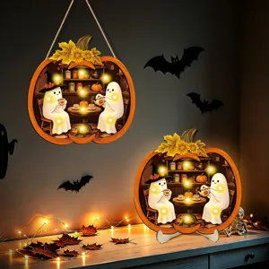 Halloween lighted wooden pumpkin hanging sign and desktop ornament with cute ghost tea design LED