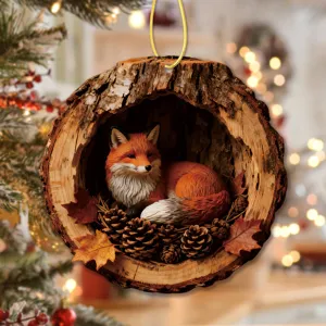 Detailed view of the Christmas tree hole fox hanging ornament, perfect for holiday home decor.