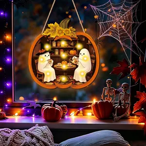 Halloween glowing wooden hanging sign pumpkin ghost LED light wall decor festive party supply