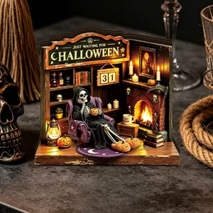 Halloween glowing wooden book nook miniature desktop decoration for spooky party vibe.
