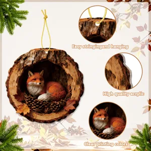 Detailed view of the acrylic fox tree hollow hanging ornament showing clear print and hanging.