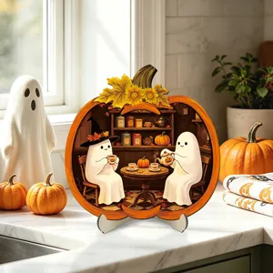 Halloween wooden pumpkin ghost tabletop decoration glowing ornament for desktop decor festival party