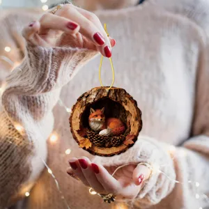 Acrylic tree hole fox hanging ornament, autumn theme decoration pendant for home or party.