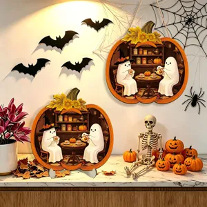 Halloween wooden pumpkin plaque with cute ghost illustrations for wall hanging and desktop decor.