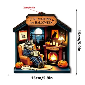 Halloween wooden light-up tabletop ornament wolf fireplace diorama party decor 15x15 cm