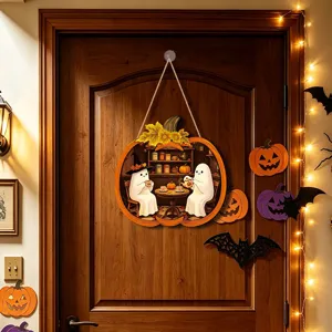 Halloween wooden hanging sign detail, featuring a pumpkin shape with cute ghost tea party scene.
