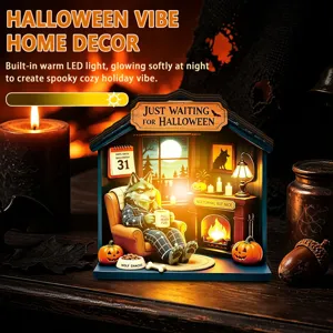 Halloween glowing wooden desktop ornament with warm LED light for holiday party home decor