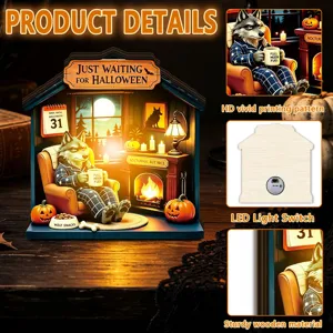Halloween glowing wooden desktop ornament with LED light switch, sturdy material and vivid print.