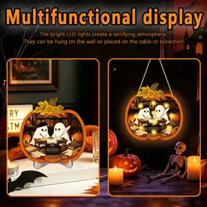 Halloween glowing wooden hanging sign and desktop ornament with LED lights for holiday decor.