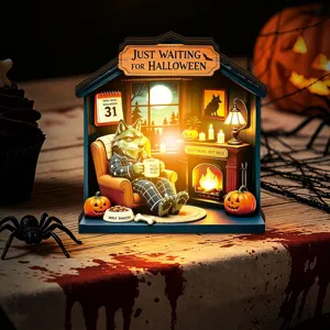 Detailed view of the Halloween glowing wooden desktop ornament with cozy wolf room design.