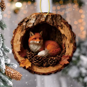 Charming autumn fox tree hole hanging ornament for holiday home and Christmas tree decor.