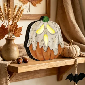 Halloween wooden glowing pumpkin ornament retro tabletop light up home holiday decoration