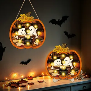 Halloween wooden pumpkin light sign ghost decor glowing tabletop hanging plaque decoration