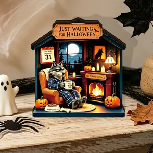 Halloween wooden diorama with a wolf, glowing fireplace, and seasonal decor details.