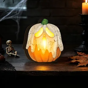 Halloween ghost pumpkin wooden lighted table decor, vintage glowing display ornament for home.
