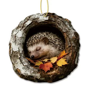 Cute hedgehog in tree hole autumn leaves hanging ornament for home decor and festive holiday party.