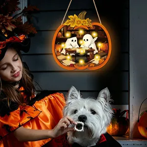 Halloween light-up wooden pumpkin hanging sign with cute ghost scene for holiday decor.